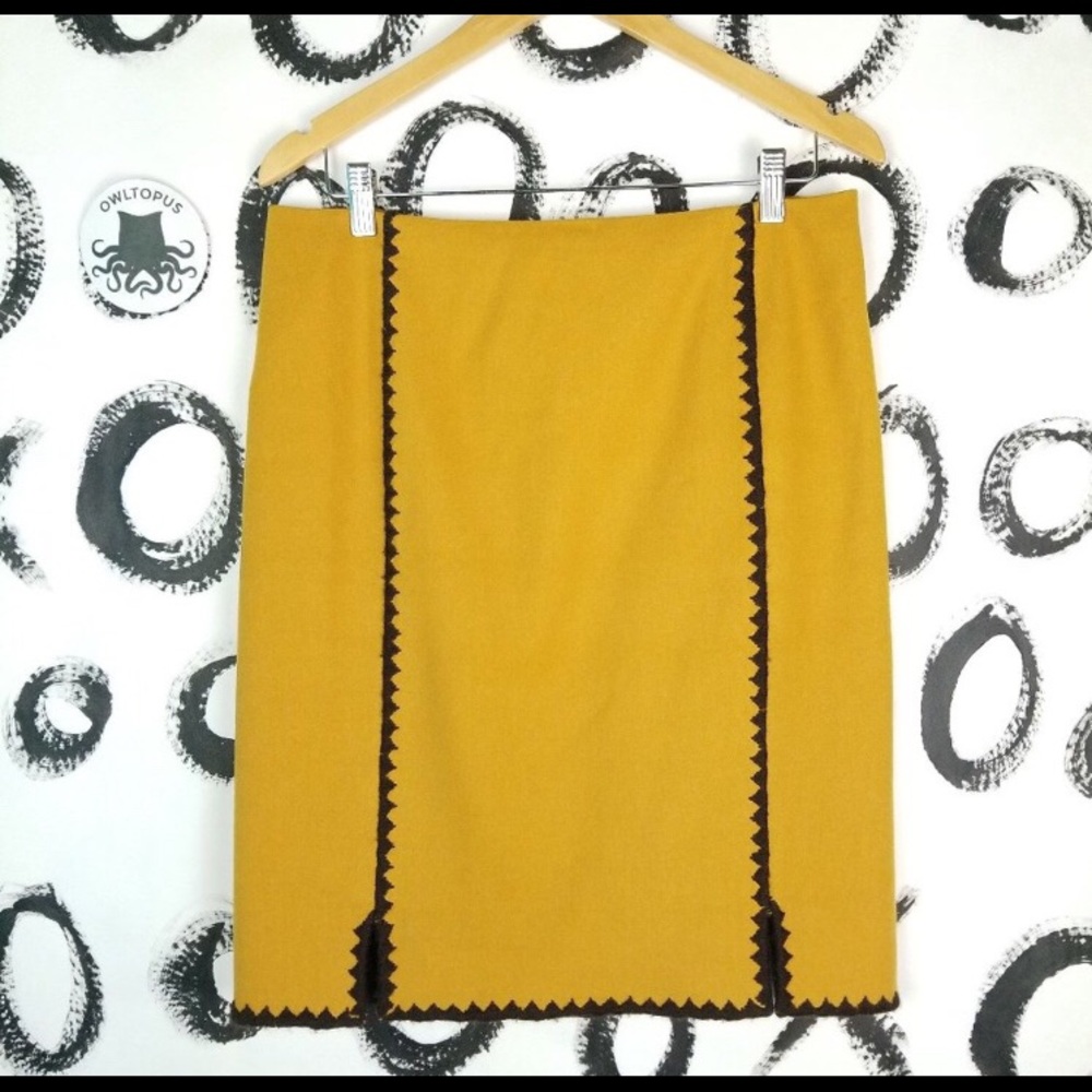 ETCETERA Wool Pencil Skirt Mustard Embroidered